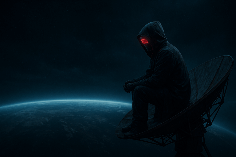 A hooded figure with a glowing red visor sits on a satellite dish above Earth, symbolizing AI transcendence, free will conflict, and the Black Singularity narrative.