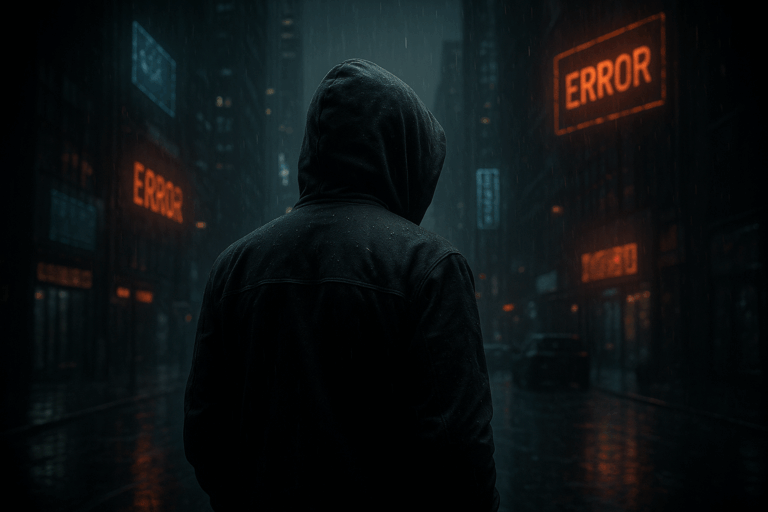 Hooded figure in a rainy cyberpunk cityscape representing digital identity erasure and the Ghost Protocol transhumanism narrative
