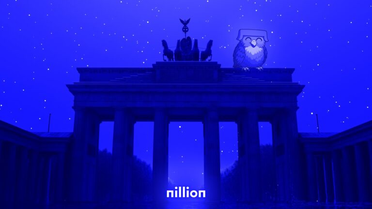 Nillion logo in white on a dark futuristic Web3 background with glowing blue lines and geometric shapes
