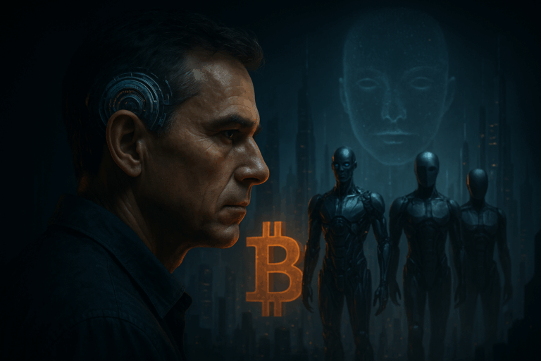 Realistic portrait of a man with neural implant and futuristic interface, representing the e/acc vision of transhumanism, decentralized governance, and AI convergence