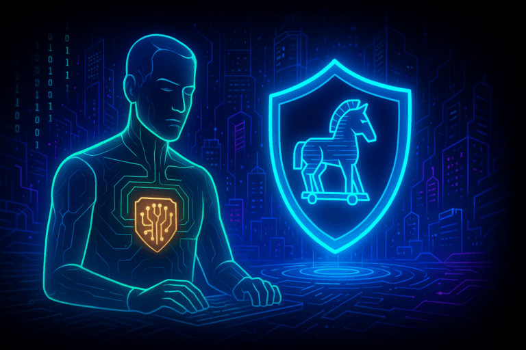 Futuristic illustration of a Web3 AI agent and cybersecurity shield revealing a Trojan horse threat in 2025