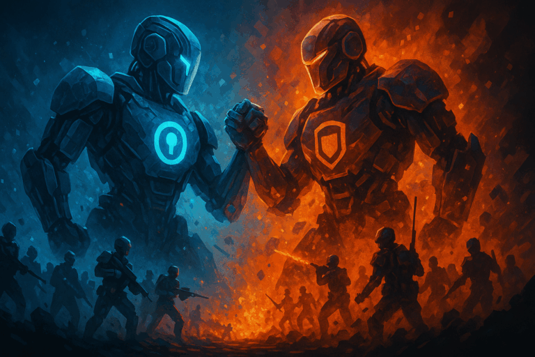 Two humanoid robots representing open source and proprietary AI engaged in a digital battle, with soldiers and a fiery background