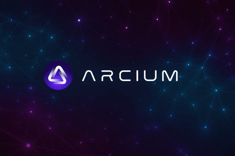 Arcium logo on a futuristic Web3 background with interconnected nodes, representing decentralized confidential computing