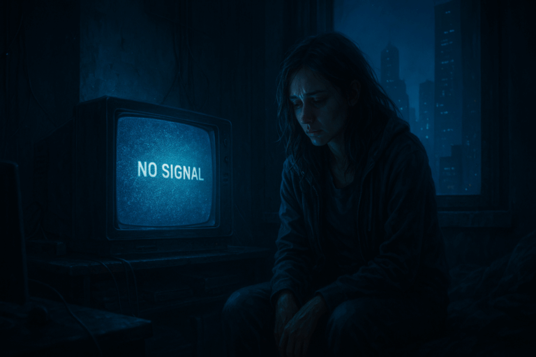 Dystopian illustration of a future blackout where the internet has collapsed, showing a dark futuristic city with blue tones and no visible digital activity.