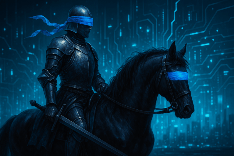 Futuristic blindfolded knight on horseback with blue visor, symbolizing the vision of nilGPT and the decentralized AI powered by Nillion