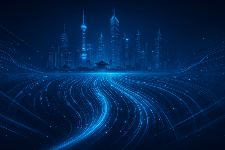 Futuristic digital artwork of China's internet speed revolution with fiber optics and cybernetic Web3 elements in blue tones.