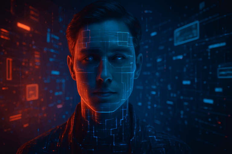 deepfake authenticity illustration in futuristic Web3 AI transhumanism style