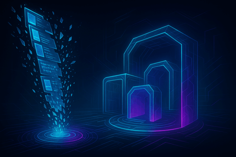 Futuristic digital artwork showing the collapse of an endless feed and the rise of intentional digital spaces, in a Web3-inspired neon environment
