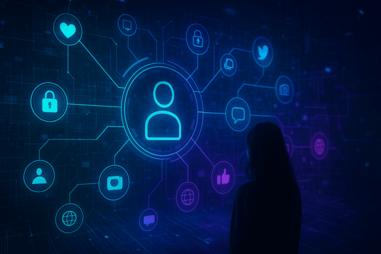 Futur of social media visualized through a digital Web3-inspired network with AI, privacy, and decentralized icons.