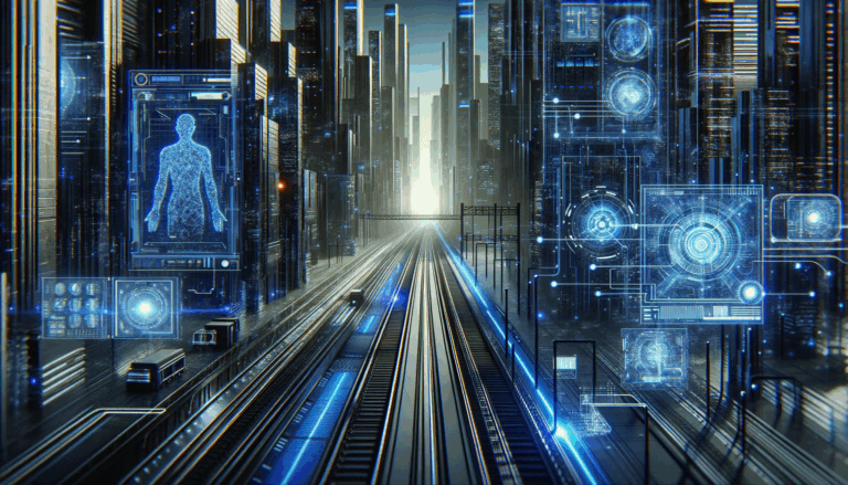 Futuristic cityscape of United States at crossroads with AI elements and darkness