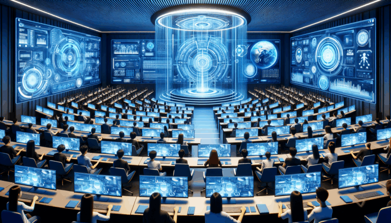 futuristic university classroom in China with AI tools and holographic displays in deep blue tones