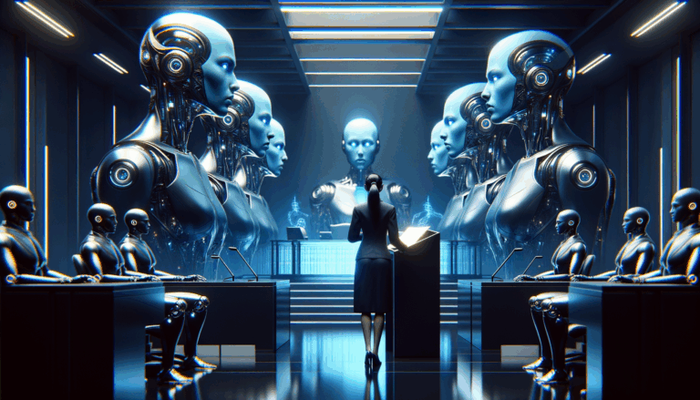 Futuristic courtroom with humanoid AI figures facing a human judge in deep blue tones