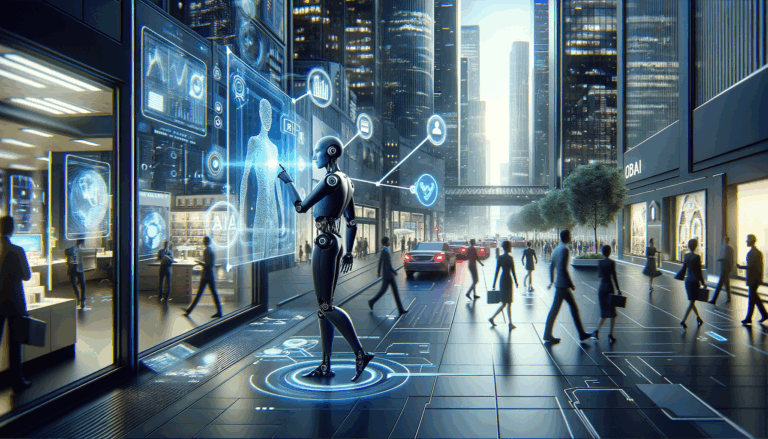 futuristic AI agent in a bustling cityscape making decisions on digital screens