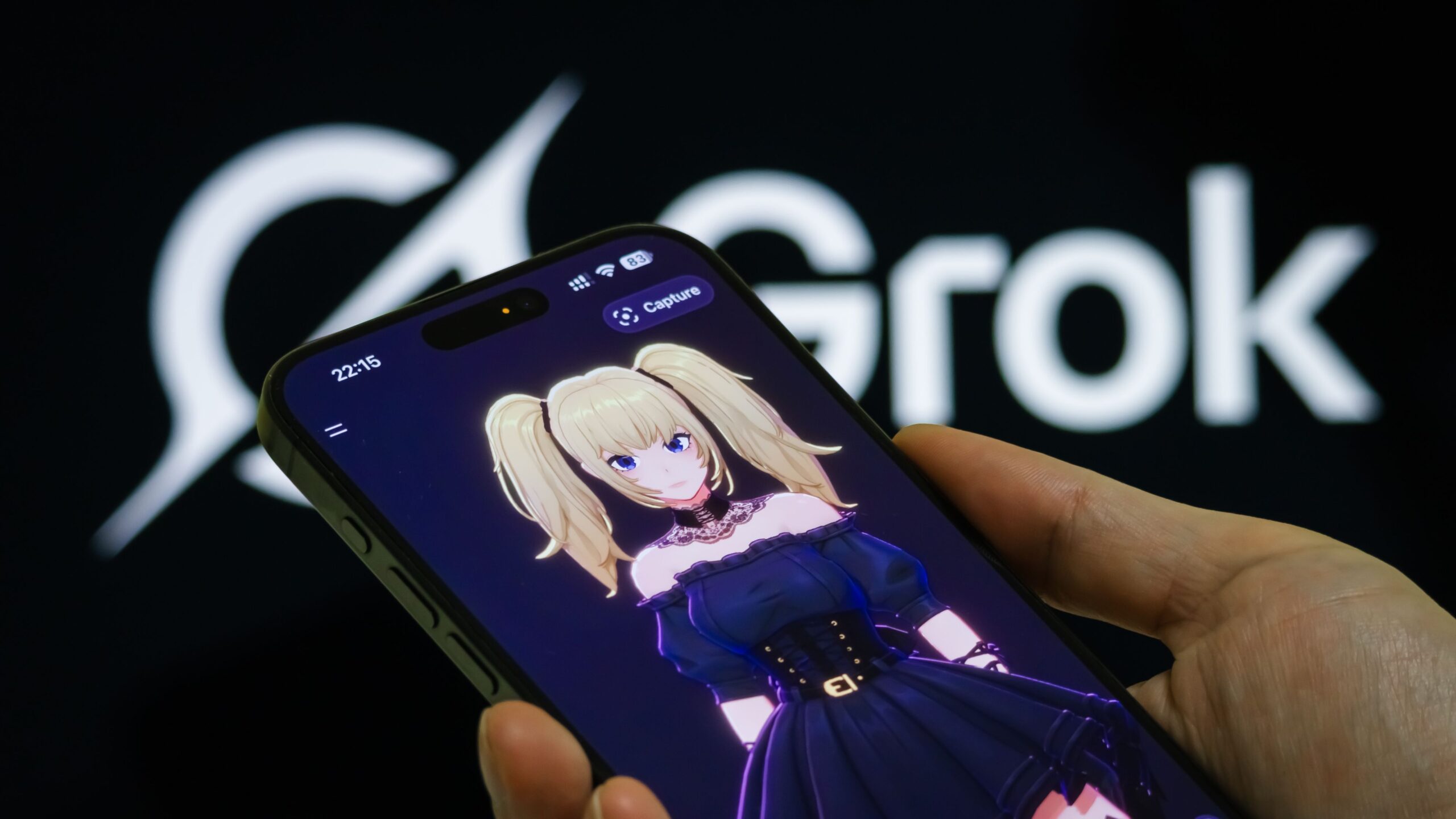 A smartphone displaying an anime-style AI avatar with the word "Grok" in the background, symbolizing AI relationships and virtual companions