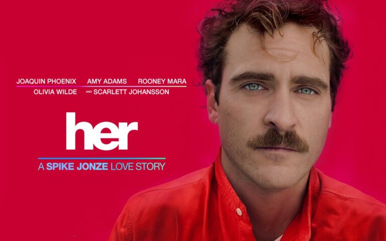Official poster of the movie Her featuring Joaquin Phoenix, exploring the theme of AI relationships through a futuristic love story