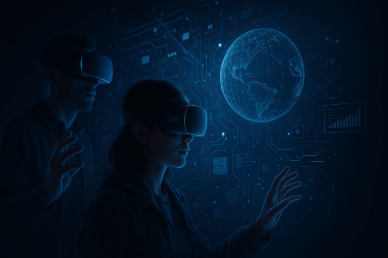 Web3 futuristic illustration of immersion ethics internet with VR avatars and dark blue digital background