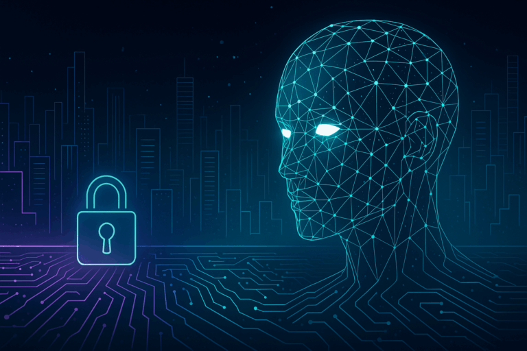 uturistic digital illustration of a private LLM AI system with glowing neural circuits and a lock symbol, representing LLMs privacy and data protection.