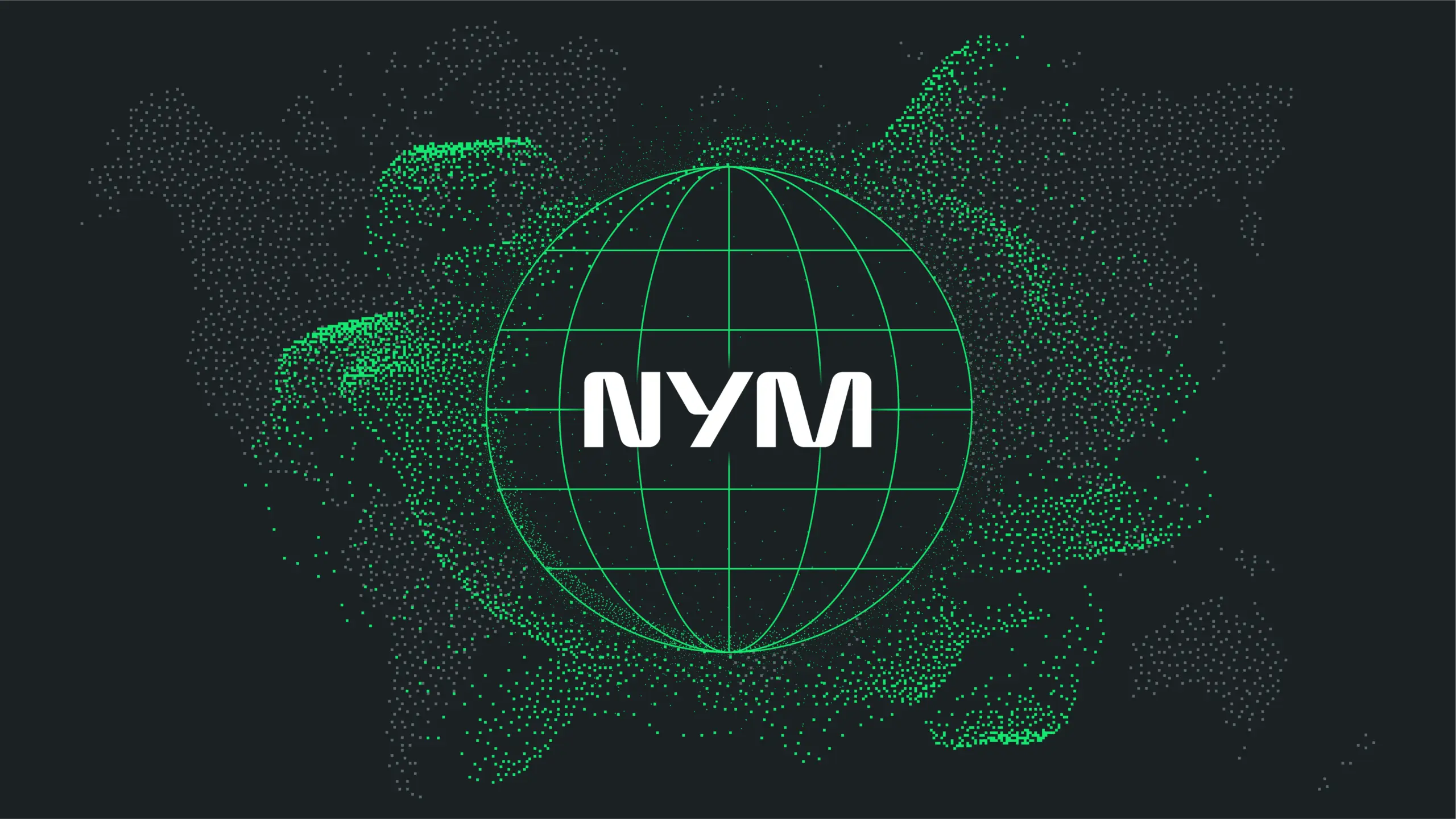 Nym VPN global privacy network visual with green digital mesh Glowing green digital globe with NYM logo symbolizing global encrypted privacy network