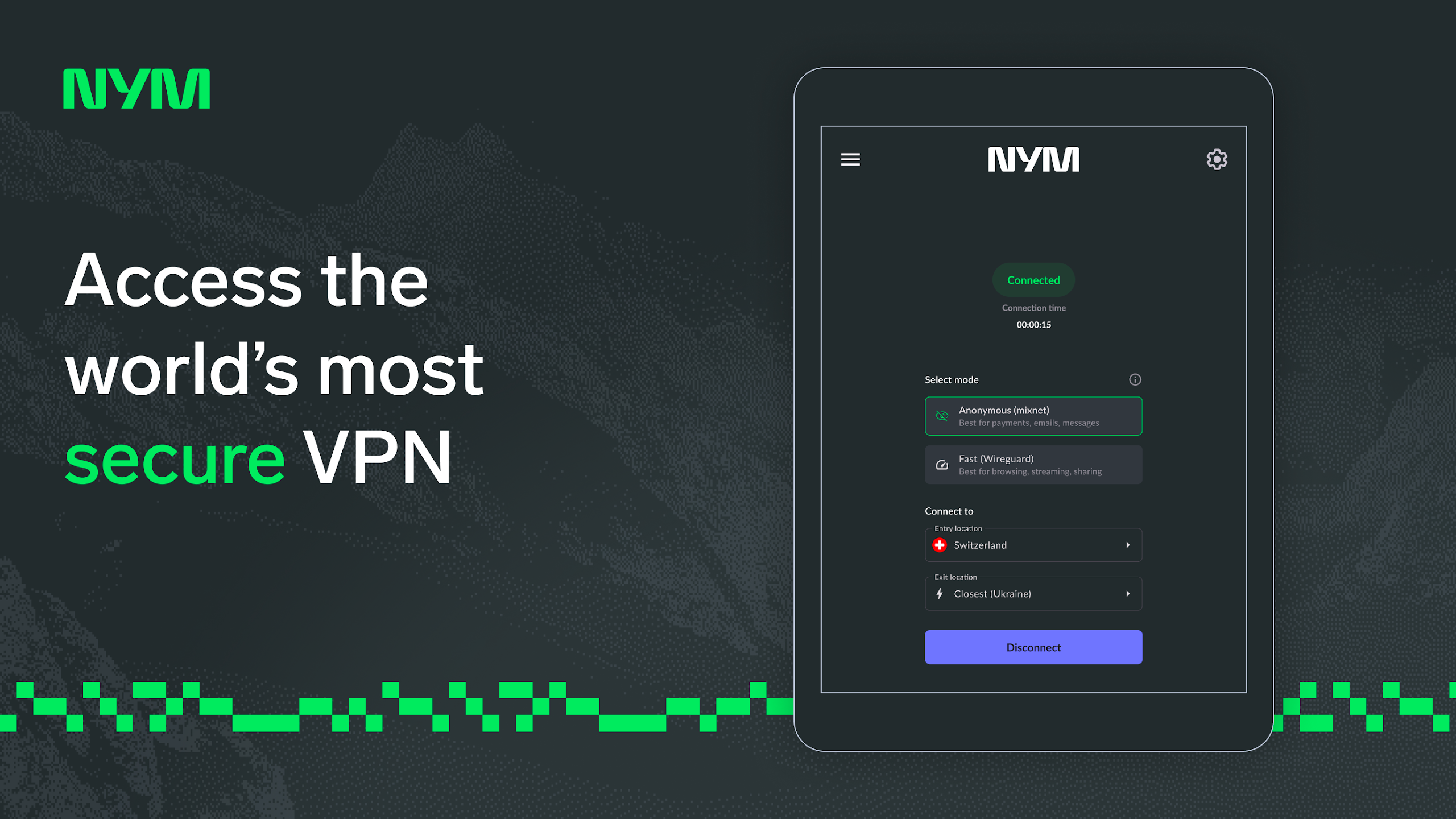 Nym VPN user interface with mixnet mode enabled and secure connection established 