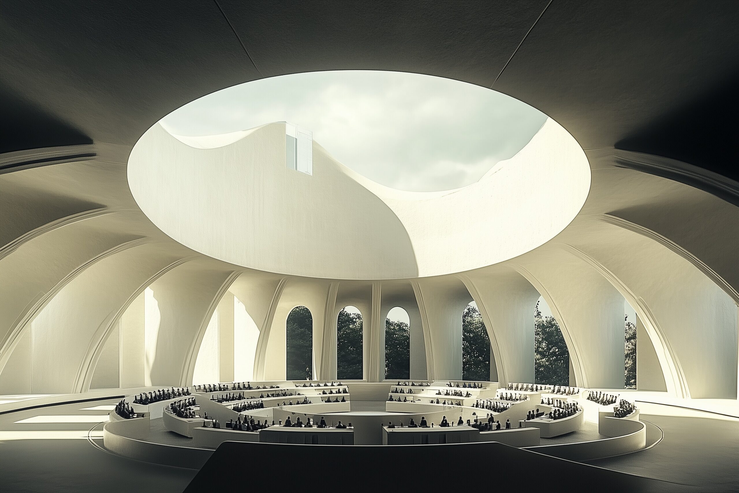 Futuristic circular parliament-style architecture with a large open ceiling, symbolizing collective governance and the evolution of digital societies like Praxis Nation