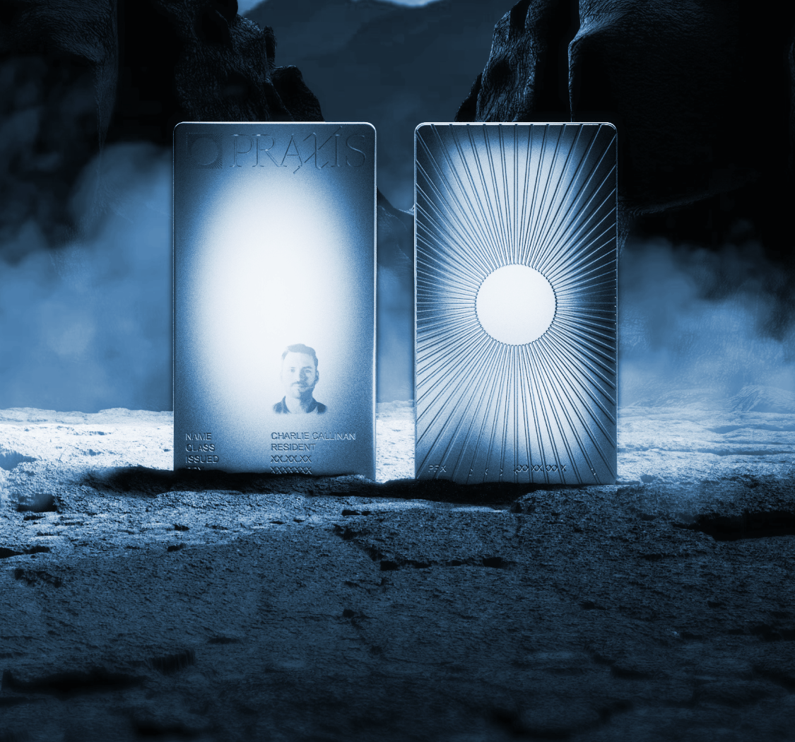 Two futuristic ID cards from Praxis Nation glowing in a surreal environment, symbolizing digital citizenship and post-state identity in a Web3 society