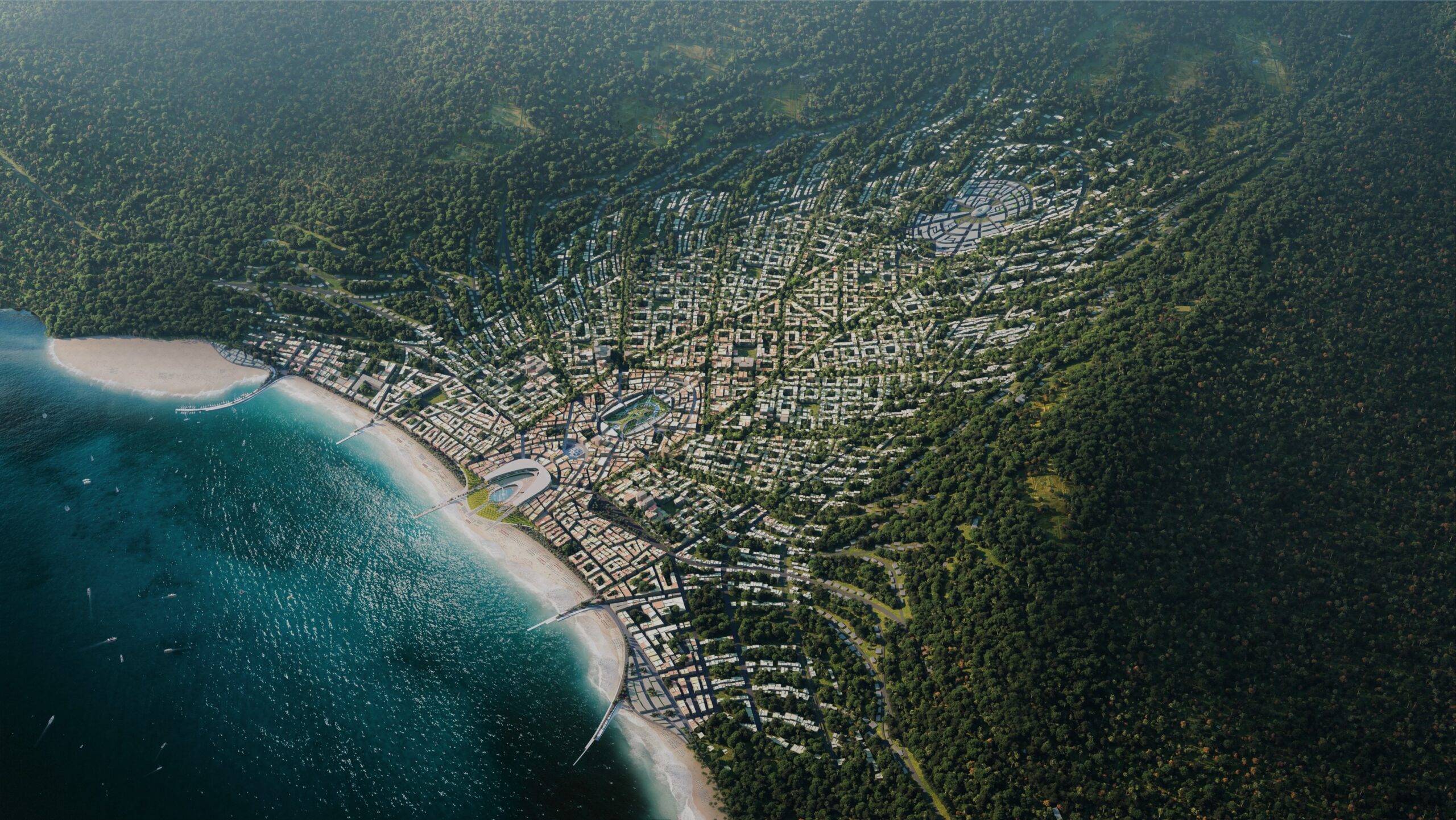 Aerial view of futuristic garden city masterplan surrounded by forest and coastline — urban concept of the Praxis network state