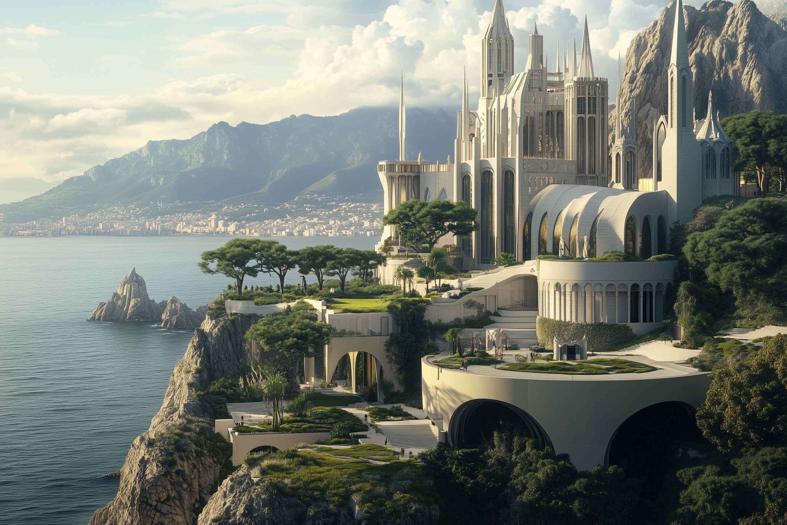 Human augmentation future — neoclassical cliff city concept linked to transhumanist innovation