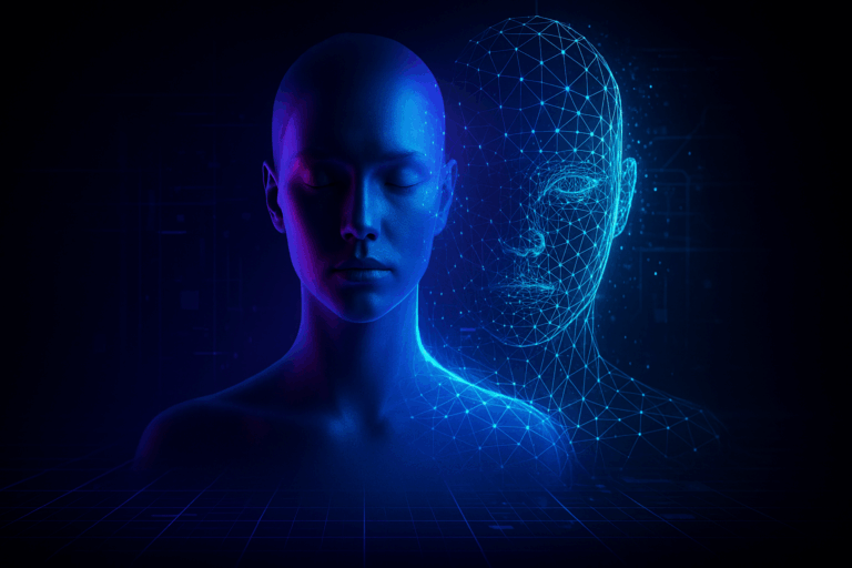 Futuristic transhumanism AI avatar representing a synthetic soul with digital wireframe background, symbolizing immortality through technology in 2025.