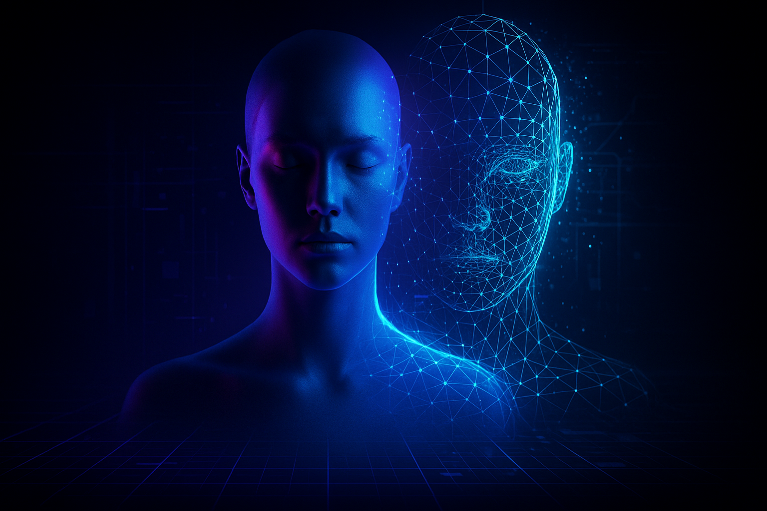 Transhumanism hero image — AI avatar and synthetic soul, symbolizing human augmentation and digital immortality