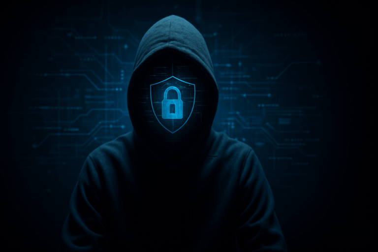 Future of online privacy represented by an anonymous hooded figure in a dark, Web3-inspired setting