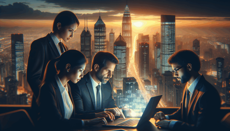 A diverse group of professionals gathered around a digital display showing a blockchain network in a bustling city scene at dusk