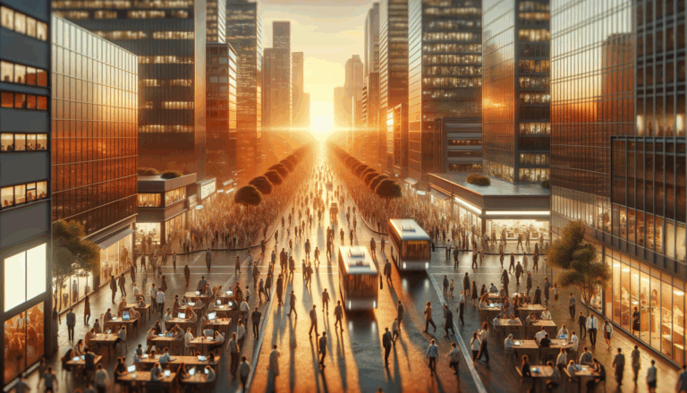A bustling cityscape at sunset with diverse people engaging with mobile devices and Web3 trends
