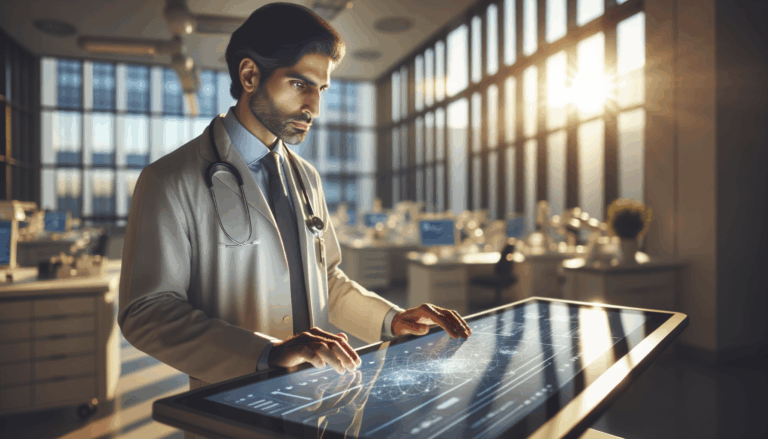A focused doctor in a modern hospital setting reviews medical data insights from an AI system