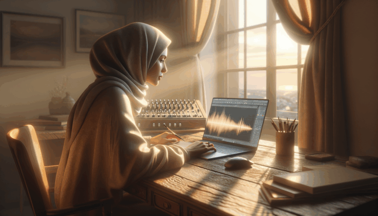 Focused writer at desk with open laptop creating audio content