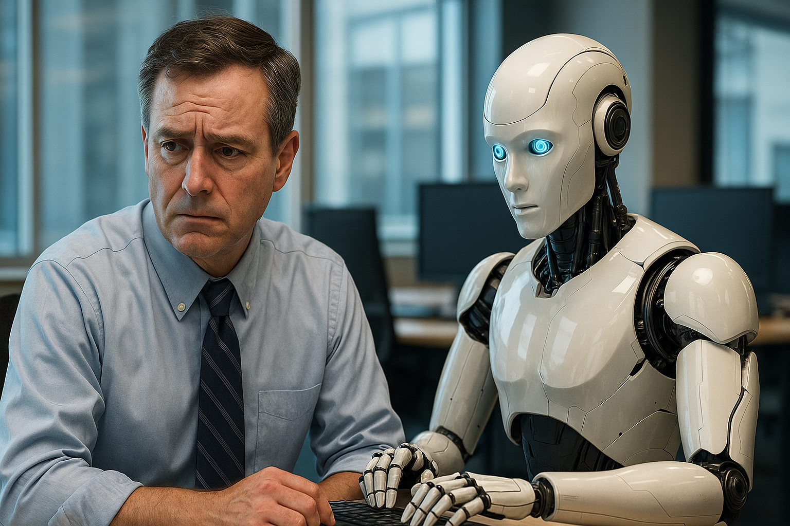 Realistic photo of a human office worker facing a humanoid robot in a modern workplace, symbolizing AI and jobs automation impact on the future of internet