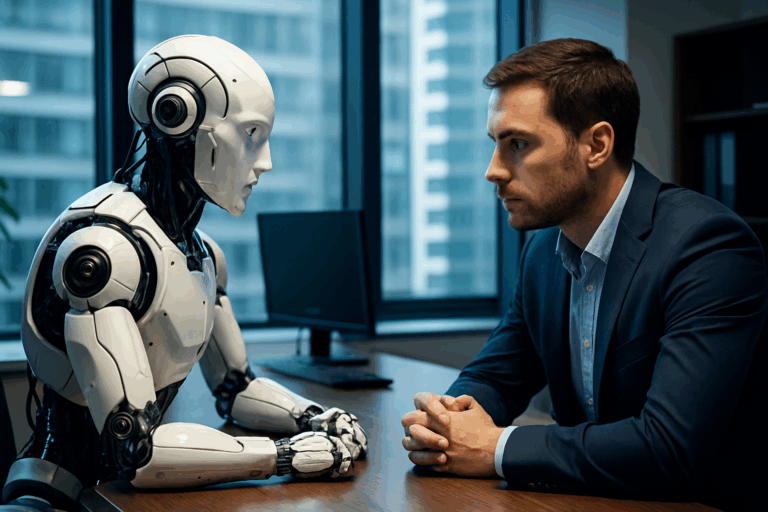AI and jobs illustration of a human worker facing a humanoid robot in a modern office