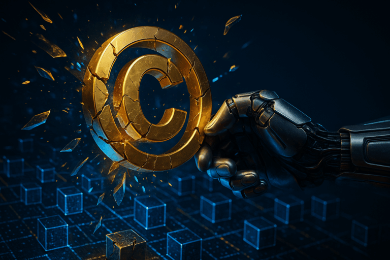 Hyper-realistic illustration of AI breaking copyright symbol, representing the future of digital rights, blockchain protection and deepfake risks