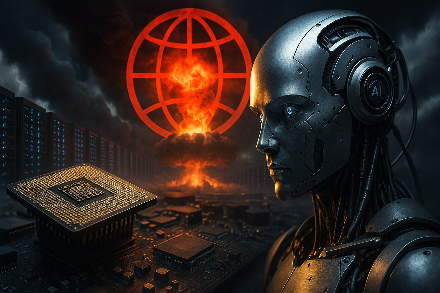 AI War global oligopoly with humanoid robot, semiconductor chip, data centers and storm clouds