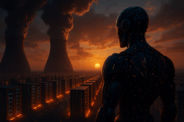 AI War humanoid robot overlooking nuclear power plants and massive data centers at sunset