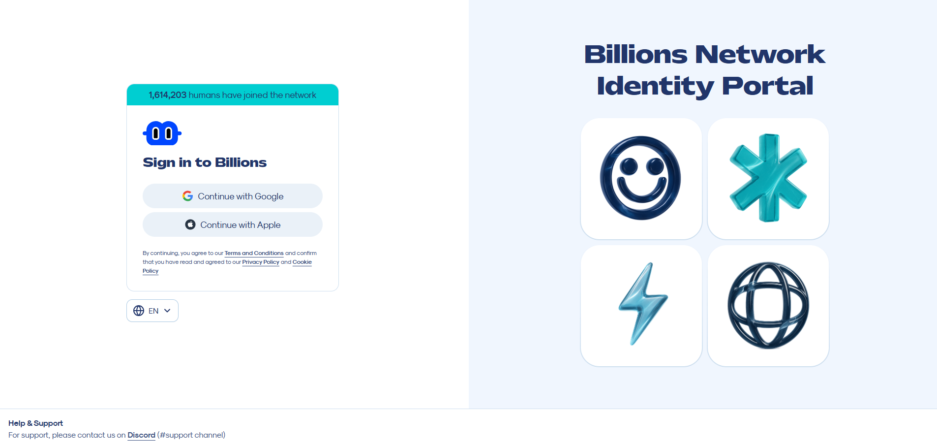 Billions Network identity portal login page with Google and Apple options for human and AI verification