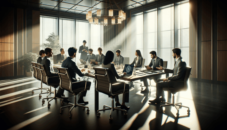 Diverse executives intensely discussing blockchain applications in a business conference room