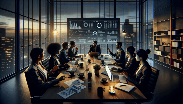 A diverse group of professionals analyzing an intricate AI decision model in a business meeting room at dusk, focusing on enterprise AI failure solutions.