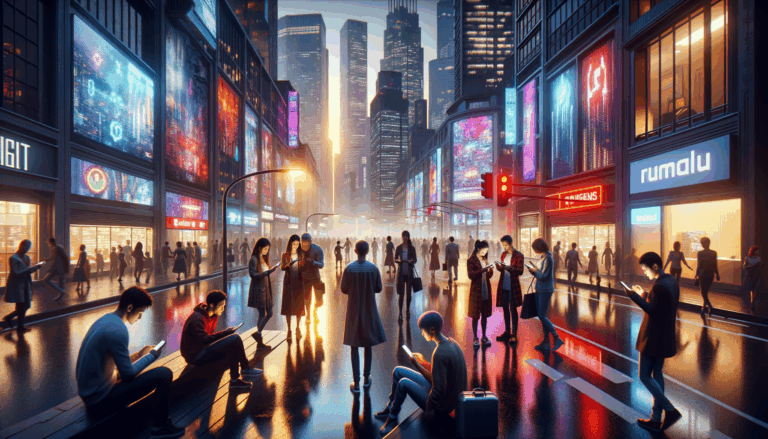 Bustling city street at dusk with neon lights reflecting off wet pavement and diverse people using smartphones displaying digital currencies and AI-generated content, highlighting Web3 trends.
