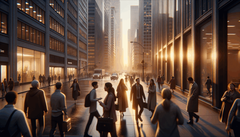 A vibrant city street at dusk with warm lighting, pedestrians interacting happily - featuring Anthropic's AI models