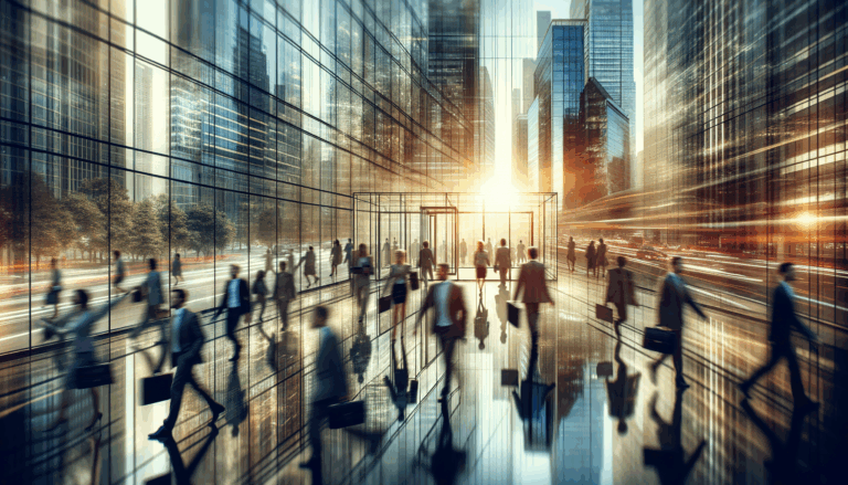 A bustling cityscape at dawn with AI innovation business people walking briskly along a street lined with modern buildings.