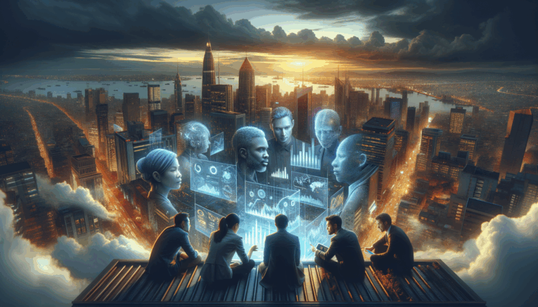 A diverse group interacting with virtual financial data in a bustling cityscape at dusk