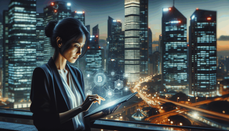 A businessperson reviewing a digital ledger on a tablet at dusk in a blockchain transformations cityscape