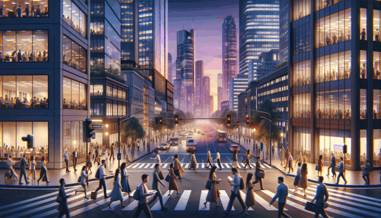 Vibrant urban cityscape with diverse individuals crossing street amidst modern skyscrapers in Web3 trends setting