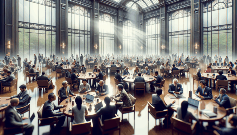 A middle-aged man consulting an AI-driven translation device in a bustling international conference room