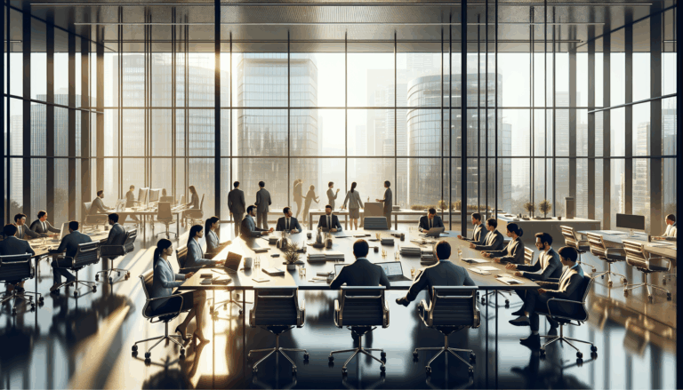 A diverse group of professionals collaborating in a bustling office environment in New Delhi during daytime as OpenAI expands in India.
